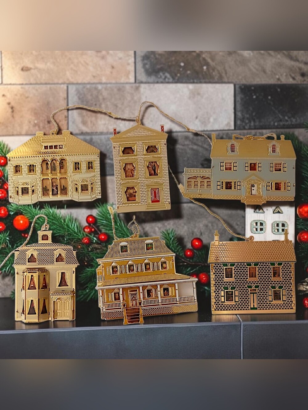6 Bing Grondahl Collection Doll Houses of America Ornaments Gold Plate Christmas